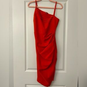 Lavish Alice asymmetric pleated midi dress coral red